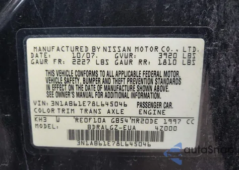2008 Nissan Sentra 2.0Sl from USA, damaged, VIN 3N1AB61E78L645046